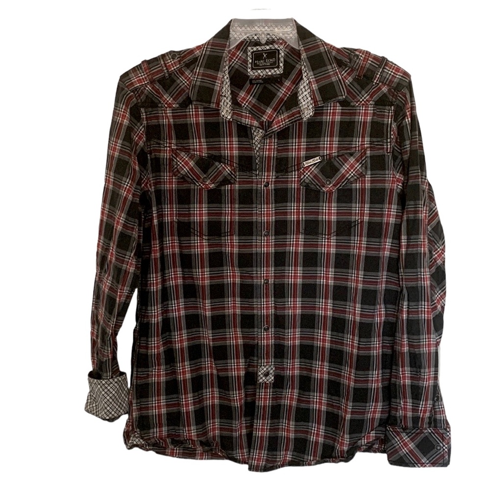 Marc Ecko Cut and Sew snap/button front shirt,shoulder tabs & front pockets, L